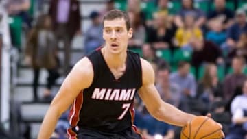 Jan 9, 2016; Salt Lake City, UT, USA; Miami Heat guard Goran Dragic (7) dribbles the ball during the first quarter against the Utah Jazz at Vivint Smart Home Arena. Mandatory Credit: Russ Isabella-USA TODAY Sports
