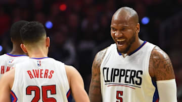 Oct 30, 2016; Los Angeles, CA, USA; Los Angeles Clippers center Marreese Speights (5) reacts to a basket by guard Austin Rivers (25) in the second half of the game against the Utah Jazz at Staples Center. Clippers won 88-75. Mandatory Credit: Jayne Kamin-Oncea-USA TODAY Sports