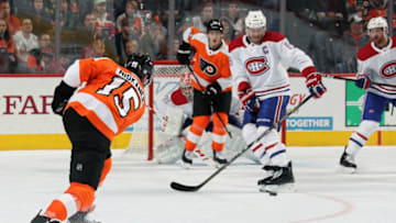 PHILADELPHIA, PA - NOVEMBER 07: Matt Niskanen #15 of the Philadelphia Flyers takes a shot on goal against Shea Weber #6 and Carey Price #31 of the Montreal Canadiens on November 7, 2019 at the Wells Fargo Center in Philadelphia, Pennsylvania. (Photo by Len Redkoles/NHLI via Getty Images)