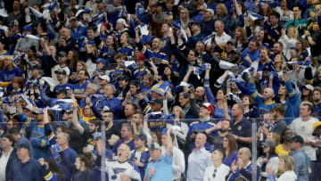 ST LOUIS, MISSOURI - MAY 17: St. Louis Blues fans cheer against the San Jose Sharks during the third period in Game Four of the Western Conference Finals during the 2019 NHL Stanley Cup Playoffs at Enterprise Center on May 17, 2019 in St Louis, Missouri. (Photo by Elsa/Getty Images)
