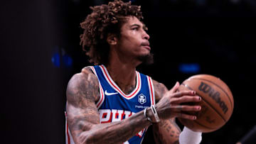 NEW YORK, NEW YORK - OCTOBER 16: Kelly Oubre Jr. #9 of the Philadelphia 76ers shoots the ball during the fourth quarter of the preseason game against the Brooklyn Nets at Barclays Center on October 16, 2023 in New York City. NOTE TO USER: User expressly acknowledges and agrees that, by downloading and or using this photograph, User is consenting to the terms and conditions of the Getty Images License Agreement. (Photo by Dustin Satloff/Getty Images)