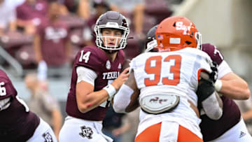 Sep 3, 2022; College Station, Texas, USA; Texas A&M Aggies quarterback Max Johnson (14) throws the ball against the Sam Houston State Bearkats at Kyle Field. Mandatory Credit: Maria Lysaker-USA TODAY Sports