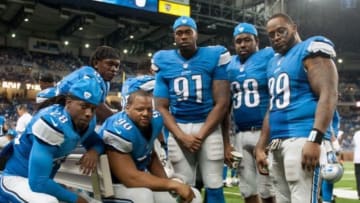 Aug 22, 2014; Detroit, MI, USA; Detroit Lions cornerback Bill Bentley (28) defensive end Ezekiel Ansah (94) defensive tackle Ndamukong Suh (90) defensive end Jason Jones (91) defensive tackle Nick Fairley (98) and defensive tackle C.J. Mosley (99) pose for a picture during the game against the Jacksonville Jaguars at Ford Field. Detroit won 13-12. Mandatory Credit: Tim Fuller-USA TODAY Sports