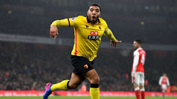 LONDON, ENGLAND - JANUARY 31: Troy Deeney of Watford celebrates scoring his team's second goal during the Premier League match between Arsenal and Watford at Emirates Stadium on January 31, 2017 in London, England. (Photo by Mike Hewitt/Getty Images)