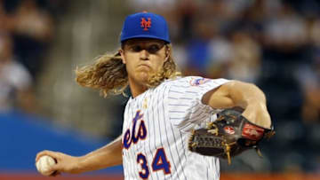 Sep 2, 2016; New York City, NY, USA; New York Mets starting pitcher Noah Syndergaard (34) delivers a pitch in the first inning against the Washington Nationals at Citi Field. Mandatory Credit: Noah K. Murray-USA TODAY Sports