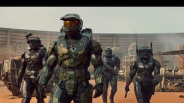 Pablo Schreiber as Master Chief, Kate Kennedy as Kai, Bentley Kalu as Vannak, and Natasha Culzac as Riz in Halo Season 1, streaming on Paramount+ 2022. Photo credit: Paramount+