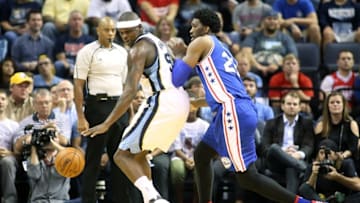 Oct 11, 2016; Memphis, TN, USA; Memphis Grizzlies forward Zach Randolph (50) backs in against Philadelphia 76ers center Joel Embiid (21) at FedExForum. Mandatory Credit: Nelson Chenault-USA TODAY Sports