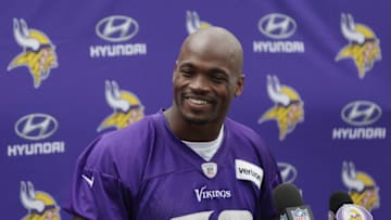 Jun 15, 2016; Minneapolis, MN, USA; Minnesota Vikings running back Adrian Peterson (28) answers questions after practice at mini camp. Mandatory Credit: Brad Rempel-USA TODAY Sports