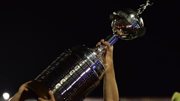 LANUS, ARGENTINA - NOVEMBER 29: Detail of champions trophy of Copa Libertadores after the second leg match between Lanus and Gremio as part of Copa Bridgestone Libertadores 2017 Final at Ciudad de Lanus Stadium on November 29, 2017 in Lanus, Argentina. (Photo by Amilcar Orfali/Getty Images)