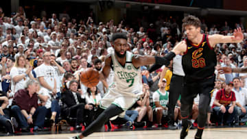 CLEVELAND, OH - MAY 25: Jaylen Brown #7 of the Boston Celtics handles the ball against the Cleveland Cavaliers during Game Six of the Eastern Conference Finals of the 2018 NBA Playoffs on May 25, 2018 at Quicken Loans Arena in Cleveland, Ohio. NOTE TO USER: User expressly acknowledges and agrees that, by downloading and or using this Photograph, user is consenting to the terms and conditions of the Getty Images License Agreement. Mandatory Copyright Notice: Copyright 2018 NBAE (Photo by Nathaniel S. Butler/NBAE via Getty Images)
