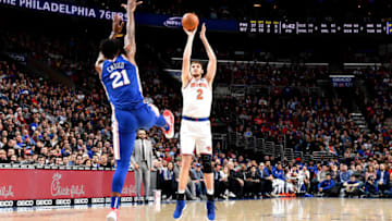 PHILADELPHIA, PA - DECEMBER 19: Luke Kornet #2 of the New York Knicks shoots the ball against the Philadelphia 76ers on December 19, 2018 at the Wells Fargo Center in Philadelphia, Pennsylvania NOTE TO USER: User expressly acknowledges and agrees that, by downloading and/or using this Photograph, user is consenting to the terms and conditions of the Getty Images License Agreement. Mandatory Copyright Notice: Copyright 2018 NBAE (Photo by Jesse D. Garrabrant/NBAE via Getty Images)