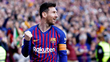 BARCELONA, SPAIN - MARCH 30: Lionel Messi of FC Barcelona celebrates goal during the La Liga Santander match between FC Barcelona v Espanyol at the Camp Nou on March 30, 2019 in Barcelona Spain (Photo by Jeroen Meuwsen/Soccrates/Getty Images)
