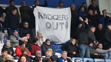 Leicester City fans hold a banner referencing manager Brendan Rodgers (Photo by Michael Regan/Getty Images)