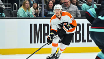 Feb 16, 2023; Seattle, Washington, USA; Philadelphia Flyers right wing Travis Konecny (11) during the second period at Climate Pledge Arena. Seattle defeated Philadelphia 6-2. Mandatory Credit: Steven Bisig-USA TODAY Sports