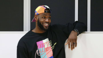 EL SEGUNDO, CA - MAY 20: LeBron James #23 of the Los Angeles Lakers smiles and looks on during a press conference to introduce Frank Vogel as the new head coach on May 20, 2019 at the UCLA Health Training Center in El Segundo, California. NOTE TO USER: User expressly acknowledges and agrees that, by downloading and/or using this photograph, User is consenting to the terms and conditions of Getty Images License Agreement. Mandatory Copyright Notice: Copyright 2019 NBAE (Photo by Chris Elise/NBAE via Getty Images)