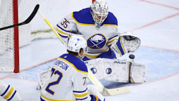 Apr 11, 2021; Philadelphia, Pennsylvania, USA; Buffalo Sabres goalie Linus Ullmark (35) makes a save in the first period against the Philadelphia Flyers at Wells Fargo Center. Mandatory Credit: Kyle Ross-USA TODAY Sports