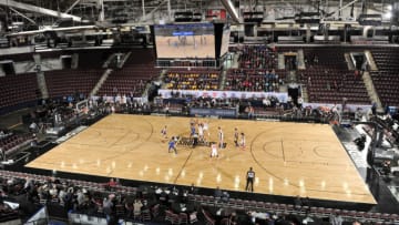 MISSISSAUGA, ON, CANADA - JANUARY 10: Opening tip of the NBA G League Showcase Game 1 between the Santa Cruz Warriors and the Grand Rapids Drive on January 10, 2018 at the Hershey Centre in Mississauga, Ontario Canada. NOTE TO USER: User expressly acknowledges and agrees that, by downloading and or using this photograph, user is consenting to the terms and conditions of Getty Images License Agreement. Mandatory Copyright Notice: Copyright 2018 NBAE (Photo by Randy Belice/NBAE via Getty Images)