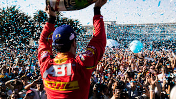 MEXICO CITY, MEXICO - APRIL 1: In this handout image supplied by Formula E, Lucas Di Grassi (BRA), ABT Schaeffler Audi Sport, Spark-Abt Sportsline, ABT Schaeffler FE02 celebrates during the FIA Formula E Championship Mexico City ePrix on April 1, 2017 in Mexico City, Mexico. (Photo by LAT Images / Formula E via Getty Images)
