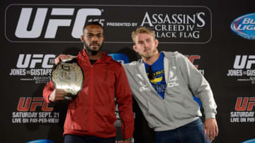 TORONTO, CANADA - SEPTEMBER 19: (L-R) Jon 'Bones' Jones and Alexander Gustafsson pose for the media during the UFC 165 Ultimate Media Day at the Shangri-La Hotel on September 19, 2013 in Toronto, Ontario, Canada. (Photo by Jeff Bottari/Zuffa LLC/Zuffa LLC via Getty Images)
