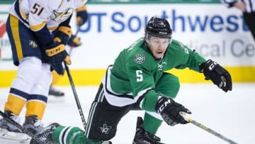 Dec 8, 2016; Dallas, TX, USA; Dallas Stars defenseman Jamie Oleksiak (5) skates against the Nashville Predators during the third period at the American Airlines Center. The Stars defeat the Predators 5-2. Mandatory Credit: Jerome Miron-USA TODAY Sports
