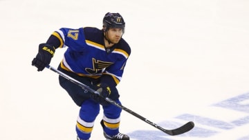 Apr 21, 2016; St. Louis, MO, USA; St. Louis Blues left wing Jaden Schwartz (17) in action during game five of the first round of the 2016 Stanley Cup Playoffs against the Chicago Blackhawks at Scottrade Center. The Blackhawks won the game 4-3 in double overtime. Mandatory Credit: Billy Hurst-USA TODAY Sports