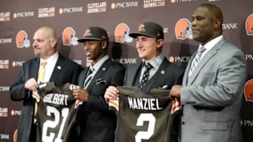 May 9, 2014; Berea, OH, USA; Cleveland Browns first round draft picks Justin Gilbert (Oklahoma State) and Johnny Manziel (Texas A&M) are introduced to the media with head coach Mike Pettine (left) and general Manager Ray Farmer (left) at the Cleveland Browns Headquarters. Mandatory Credit: Joe Maiorana-USA TODAY Sports