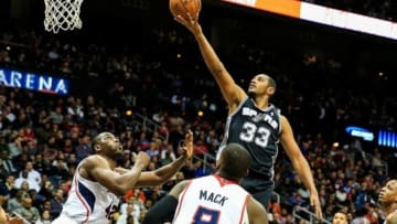 Jan 24, 2014; Atlanta, GA, USA; San Antonio Spurs power forward Boris Diaw (33) shoots a basket in the second half against the Atlanta Hawks at Philips Arena. The Spurs won 105-79. Mandatory Credit: Daniel Shirey-USA TODAY Sports