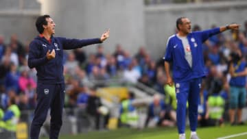 Dublin , Ireland - 1 August 2018; Arsenal manager Unai Emery, left, and Chelsea manager Maurizio Sarri during the International Champions Cup match between Arsenal and Chelsea at the Aviva Stadium in Dublin. (Photo By Ramsey Cardy/Sportsfile via Getty Images)