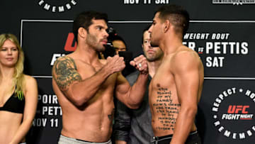NORFOLK, VA - NOVEMBER 10: (L-R) Raphael Assuncao of Brazil and Matthew Lopez face off during the UFC Fight Night Weigh-in on November 10, 2017 in Norfolk, Virginia. (Photo by Brandon Magnus/Zuffa LLC/Zuffa LLC via Getty Images)