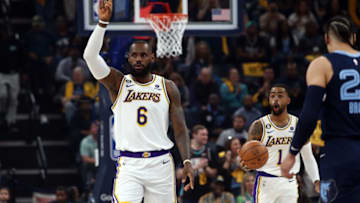 Apr 16, 2023; Memphis, Tennessee, USA; Los Angeles Lakers forward LeBron James (6) reacts during the first half during game one of the 2023 NBA playoffs against the Memphis Grizzlies at FedExForum. Mandatory Credit: Petre Thomas-USA TODAY Sports
