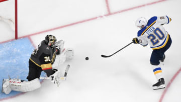 LAS VEGAS, NEVADA - FEBRUARY 13: Malcolm Subban #30 of the Vegas Golden Knights makes a save against Alexander Steen #20 of the St. Louis Blues in the second period of their game at T-Mobile Arena on February 13, 2020 in Las Vegas, Nevada. The Golden Knights defeated the Blues 6-5 in overtime. (Photo by Ethan Miller/Getty Images)