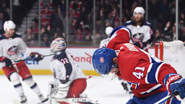 MONTREAL, QC - NOVEMBER 14: Paul Byron #41 of the Montreal Canadiens celebrates after scoring a goal against Sergei Bobrovsky #72 of the Columbus Blue Jackets in the NHL game at the Bell Centre on November 14, 2017 in Montreal, Quebec, Canada. (Photo by Francois Lacasse/NHLI via Getty Images) *** Local Caption ***