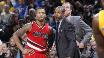 Damian Lillard #0 of the Portland Trail Blazers talks to assistant coach David Vanterpool who is a good choice for the New Orleans Pelicans head coach(Photo by Joe Robbins/Getty Images)