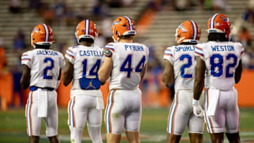 Florida Gators cornerback Ja'Keem Jackson (2), Florida Gators safety Jordan Castell (14), Florida Gators outside linebacker Jack Pyburn (44), Florida Gators inside linebacker Deuce Spurlock II (22), and Florida Gators safety Ja'Markis Weston (82) wait for the kickoff during the second half during the Florida Gators Orange and Blue Spring Game at Steve Spurrier Field at Ben Hill Griffin Stadium in Gainesville, FL on Thursday, April 13, 2023. [Matt Pendleton/Gainesville Sun]Ncaa Football Florida Gators Orange Blue Spring Game