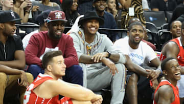 NEW YORK, NY - AUGUST 21: Vinny Guadagnino, Tim Hardaway Jr., Carmelo Anthony and Kyrie Irving attend the 2014 Summer Classic Charity Basketball Game at Barclays Center on August 21, 2014 in New York City. (Photo by Jerritt Clark/Getty Images)