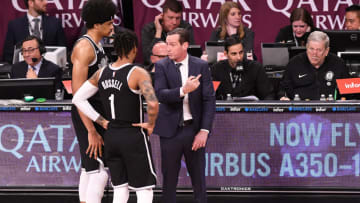 NEW YORK, NY - DECEMBER 5: Head Coach Kenny Atkinson, Jarrett Allen #31 and D'Angelo Russell #1 of the Brooklyn Nets during the game against the Oklahoma City Thunder at Barclays Center on December 5, 2018 in the Brooklyn borough of New York City. NOTE TO USER: User expressly acknowledges and agrees that, by downloading and or using this photograph, User is consenting to the terms and conditions of the Getty Images License Agreement. (Photo by Matteo Marchi/Getty Images)