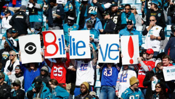 JACKSONVILLE, FL - JANUARY 07: Fans hold up signs before the start of the AFC Wild Card Playoff game between the Buffalo Bills and Jacksonville Jaguars at EverBank Field on January 7, 2018 in Jacksonville, Florida. (Photo by Scott Halleran/Getty Images)