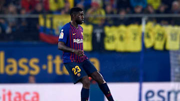 Samuel Umtiti of Barcelona in action during the La Liga match between Villarreal CF and FC Barcelona at Estadio de la Ceramica on April 2, 2019 in Villareal, Spain (Photo by Jose Breton/NurPhoto via Getty Images)