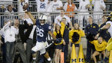 STATE COLLEGE, PA - OCTOBER 21: Penn State RB Saquon Barkley (26) celebrates after tipping a ball to himself and then making a touchdown catch, for his third touchdown of the game. The Penn State Nittany Lions defeated the Michigan Wolverines 42-13 on October 21, 2017 at Beaver Stadium in State College, PA. (Photo by Randy Litzinger/Icon Sportswire via Getty Images)