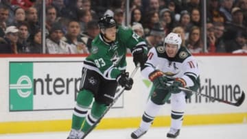 Dec 21, 2015; Saint Paul, MN, USA; Dallas Stars forward Ales Hemsky (83) skates with the puck as Minnesota Wild forward Zach Parise (11) chases during the first period at Xcel Energy Center. The Stars won 6-3. Mandatory Credit: Marilyn Indahl-USA TODAY Sports