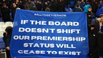 LIVERPOOL, ENGLAND - JANUARY 14: Everton fans display a banner at full-time following the Premier League match between Everton FC and Southampton FC at Goodison Park on January 14, 2023 in Liverpool, England. (Photo by Chris Brunskill/Fantasista/Getty Images)
