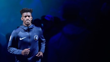 MINNEAPOLIS, MN - OCTOBER 19: Jimmy Butler #23 of the Minnesota Timberwolves runs onto the court during player introductions before the game against the Cleveland Cavaliers on October 19, 2018 at the Target Center in Minneapolis, Minnesota. NOTE TO USER: User expressly acknowledges and agrees that, by downloading and or using this Photograph, user is consenting to the terms and conditions of the Getty Images License Agreement. (Photo by Hannah Foslien/Getty Images)