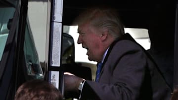 WASHINGTON, DC - MARCH 23: U.S. President Donald Trump sits in the cab of a truck as he welcomes members of American Trucking Associations to the White House March 23, 2017 in Washington, DC. President Trump hosted truckers and CEOs for a listening session on healthcare. (Photo by Alex Wong/Getty Images)