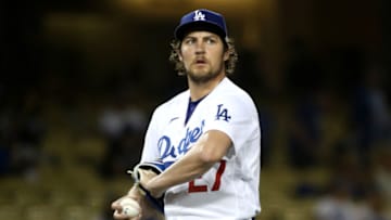 LOS ANGELES, CALIFORNIA - JUNE 12: Trevor Bauer #27 of the Los Angeles Dodgers looks on after giving up a hit to Joey Gallo #13 of the Texas Rangers during the fifth inning at Dodger Stadium on June 12, 2021 in Los Angeles, California. (Photo by Katelyn Mulcahy/Getty Images)