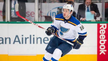 Apr 3, 2015; Dallas, TX, USA; St. Louis Blues right wing Ty Rattie (18) skates against the Dallas Stars at the American Airlines Center. The Blues defeat the Stars 7-5. Mandatory Credit: Jerome Miron-USA TODAY Sports