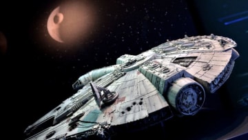 COLOGNE, GERMANY - MAY 20: The original model of Han Solo's famous pirate freighter 'The Millennium Falcon' is seen during 'Star Wars Identities' Exhibtion Press Preview