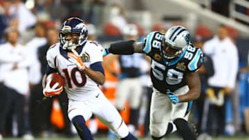 Feb 7, 2016; Santa Clara, CA, USA; Carolina Panthers linebacker Thomas Davis (58) attempts to tackle Denver Broncos wide receiver Emmanuel Sanders (10) in Super Bowl 50 at Levi