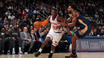 NEW YORK, NY - OCTOBER 18: RJ Barrett #9 of the New York Knicks handles the ball against the New Orleans Pelicans during a pre-season game on October 18, 2019 at Madison Square Garden in New York City, New York. NOTE TO USER: User expressly acknowledges and agrees that, by downloading and or using this photograph, User is consenting to the terms and conditions of the Getty Images License Agreement. Mandatory Copyright Notice: Copyright 2019 NBAE (Photo by Nathaniel S. Butler/NBAE via Getty Images)