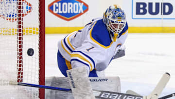 Apr 27, 2021; New York, NY, USA; Ukko-Pekka Luukkonen #1 of the Buffalo Sabres makes the second period save against the New York Rangers at Madison Square Garden on April 27, 2021 in New York City. Mandatory Credit: Bruce Bennett/Pool Photo-USA TODAY Sports