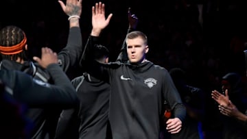 BOSTON, MA - JANUARY 31: Kristaps Porzingis #6 of the New York Knicks. is introduced before the game against the Boston Celtics on January 31, 2018 at the TD Garden in Boston, Massachusetts. Copyright 2018 NBAE (Photo by Brian Babineau/NBAE via Getty Images)
